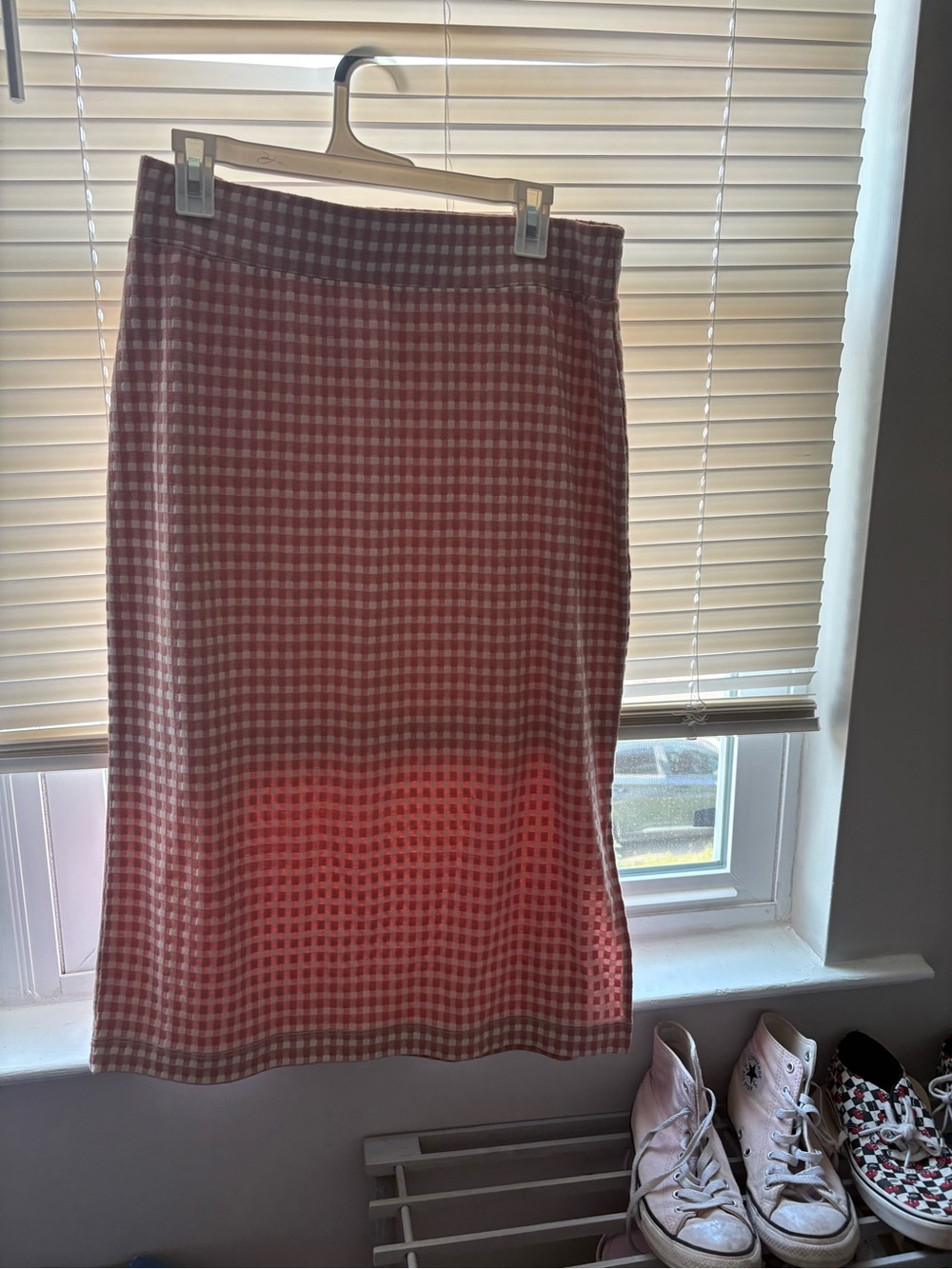 LOFT Pink and Cream Gingham Pencil Skirt